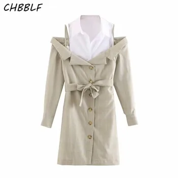CHBBLF ženske stilsko mozaik obleko votlih iz rokav lok kravato sashes a-linija ženskih urad nosijo obleke vestido O9207