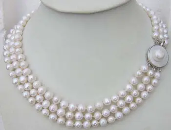 Triple pramenov 8-9 mm krog naravno bela biserna ogrlica