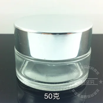 50 g prozornega stekla krema kozarec z bleščečo srebrno aluminija, pokrov, 50 gramov kozmetični jar,pakiranje za vzorec/oko smetane,50 g galss steklenico