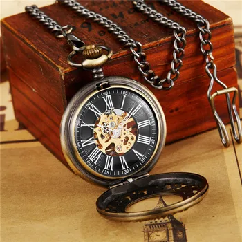 Vintage Mehanske žepna ura Z Fob Verige Votlih Ročno navijanje Obesek Ura Moški Ženske Zlato Bron Watch Darilo