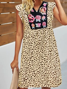 2022 Poletje Nov Modni Priložnostne Obleko Leopard Mozaik Tiskanja Obleko Vezene Praznično Stranka Žensk Oversize Družico Obleko