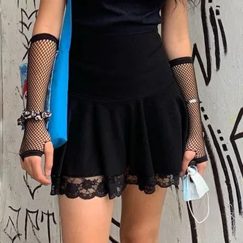 Poletne Ulične Mode Obleke Gotike Čipke Mozaik Robom Kratko Črno Krilo Naguban Visoko Pasu Line Ženske y2k Krilo