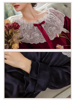 2020 Jeseni Ženske Seksi Žamet Nightgowns Ženski Zimski Flis Čipke Sweet Princess Nightdress Elegantne Retro Sleepwear Doma Obleko