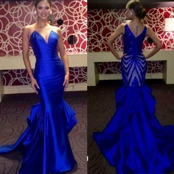 Vroče Večerne Obleke Dolgo 2020 Saten Morska Deklica Prom Obleke Nazaj Sequined Elegantno Kraljevsko Modra Formalno Pageant Stranke Obleke