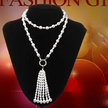 Moda novo 8-9 mm 3-4 mm, beli sladki riž pearl tassel ogrlico, obesek, dolgo 75+15 cm