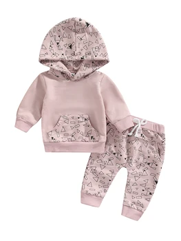 Baby Toddler Dolge Hlače, Obleke Geometrijo Natisnjeni Long Sleeve Hooded Vrhovi Elastičen Pas, Stranska Žepa Hlače Komplet