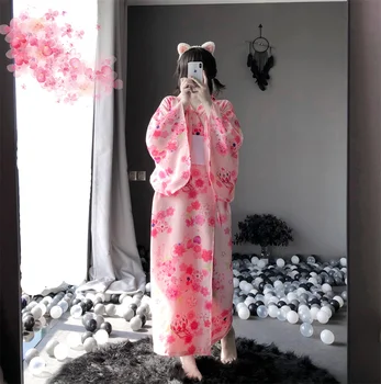 Seksi Roza Japonski Kimono Sakura Enotno Big Bowknot Pasu Premium Cosplay Roleplay Kostume Eksotičnih Perilo Nastavite More Robe