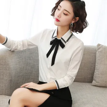 2023 Nove korejske Ženske Študentov Majica Modni Trend Spomladi In Jeseni Žensk Svoboden Šifon Dolg Rokav Bowknot
