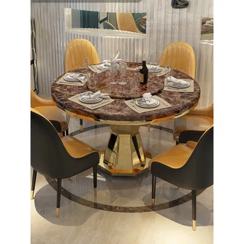 LED jedilno mizo in stol nastavite Hong Kong preprost krog gramofon marmorja jedilna miza