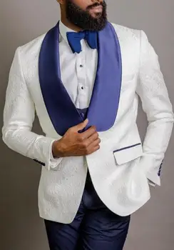 Beli Cvetni Ženina Tuxedos za Poroko Modro Ruto River Slim Fit Moške Obleke Prom Stranka Človek Jopič 3 Kosov (Suknjič+Hlače+Telovnik)