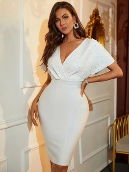 Poletje Oblačenja Žensk 2022 White V Vratu Kratek Rokav Pearl Krasijo Bodycon Povoj Obleko Elegantno Rojstni Obleke