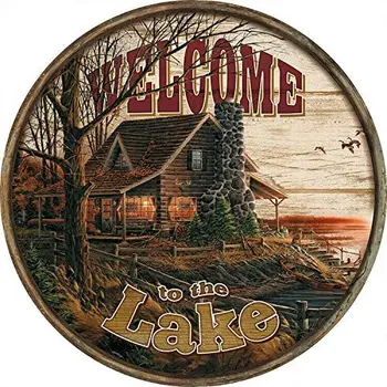 Dobrodošli na Jezeru - Kabini Okrogle Kovinske Tin Znak, ki je Primerna za Dom in Kuhinjo, Bar Cafe Garaža Stenski Dekor Retro Vintage