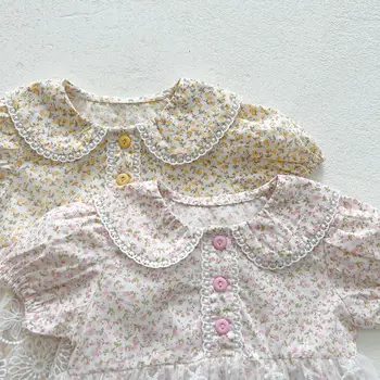2022 Novo Poletje Baby Girl Obleke Korejskem Slogu Očesa Čipke Cvet Tiskanja Kratek Rokav Novorojenčka Igralne Obleke Za Malčke Otroški Kombinezon