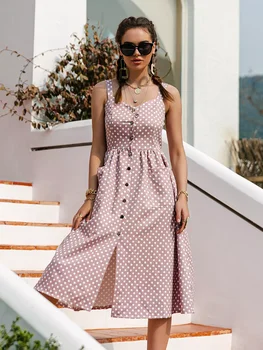 Simplee Priložnostne Polka Dot Obleko brez Rokavov Počitnice slog visoko zapeto pas žensk Obleko Modne Mid-dolžina obleke poletje