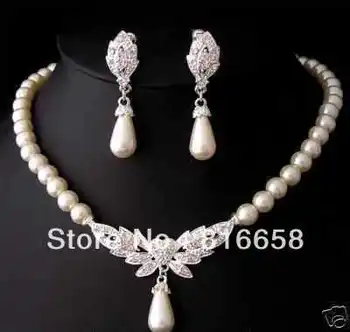 Očarljivo Poročne belo lupino biserna ogrlica Vodnih kapljic obesek, uhani set