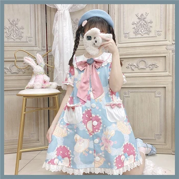 Japonski Lolita Obleko Raca Luštna Punca Tiskanje Piknik Tea Party Peter Pan Ovratnik Princesa Kawaii Op Baby Doll Obleke Za Ženske