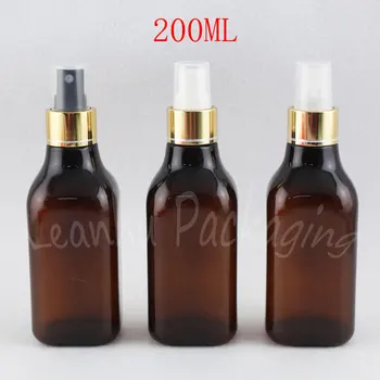 200 ML Rjava Kvadratnih Plastično Stekleničko Z Zlato Spray Črpalka , 200CC Toner / Voda Sub-stekleničenje , Prazne Kozmetični Posodo