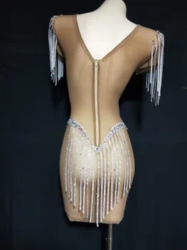 Nude Sije Sequins Okrasnih Tassel Vidika Preja Gaza Seksi Ženske Obleke Ples Fazi Maturantski Kostum Stranka Nosi Nočni Klub