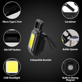 Mini LED Keychain Svetlobe Mutifuction Prenosni USB Polnilne Žep Delo Svetlobe, s Spiralno Prostem Kampiranje, Ribolov, Plezanje