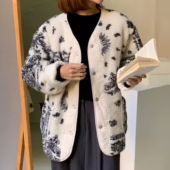 Hikigawa Elegantna Moda Za Ženske Zimske Retro V Vratu Natisnjeni Dve Poti Obrabe Volnene Toplo Bombaž Plašč Priložnostne Dolgimi Rokavi Jakno Vrh Mujer