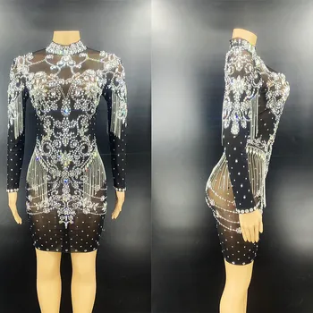 Peneče Black Ženske Nosorogovo Obleko Kristalno Tassel Obleko Gaza Diamond Tesen Nočni Klub Fazi Nositi Za Lady Drag Queen