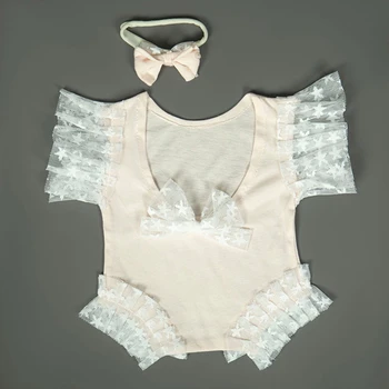 2 Kos Novorojenčka Fotografija Rekviziti Obleke Baby Čipke Romper Glavo Komplet za Malčke Fotografiranje Bodysuit Jumpsuit za Lase Band 85DE