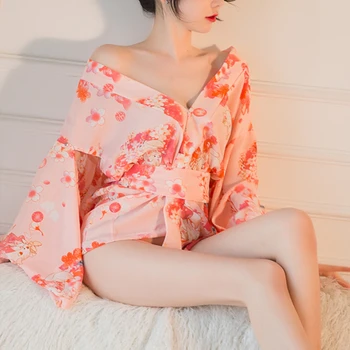 Roza Seksi Japonski Kimono Obleko za Ženske Noše Seksi Cvjetnim Tiskanja Sleepwear Tradicionalnih Gejša Haljo Vintage Oblačila More