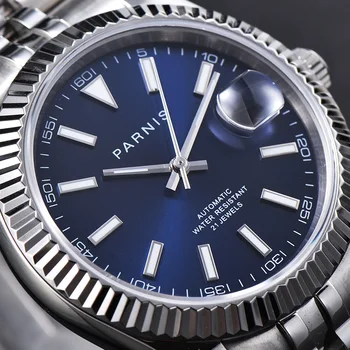 Moda Parnis 39,5 mm Modra Številčnica Moške Ure, Safirno Steklo Koledar Automatic Mehanski Nepremočljiva Watch reloj par hombre