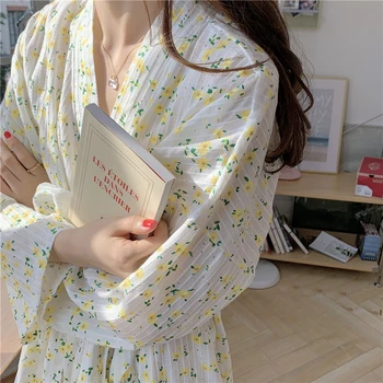 Japonski Kimono Bombaž Halje za Ženske Cvjetnim Tiskanja Tuš Spa Sleepwear kopalni plašč Dolg Rokav Sleepwear Hišna Obleke Domačo Rabo