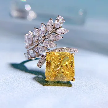 2022 Novo 925 Srebro Visoko vsebnostjo Ogljika Diamond 10 * 10 Ledu cut Rumena Diamant Prah Diamantni Prstan