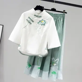 2021 Poletje Moda Za Ženske Teperament Cvet Vezenje Cheongsam Vrh Bluzo+Elastični Pas Cvetlični Krilo 2 Delni Set Športna Majica