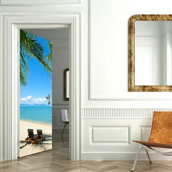 Sodobna Preprost 3D Plaži Seascape Vrata Nalepke Za Spalnice Umetnosti Doma Dekor Zidana Samolepilni Vinil DIy Lesena Vrata Podaljšanje Decals