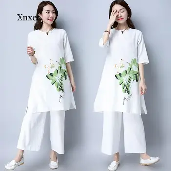 Bele ženske določa eleganten bombaž in lan svoboden dolgo bluzo majice+ženska širok noge hlače hlače dva kosa določa jeseni poletje