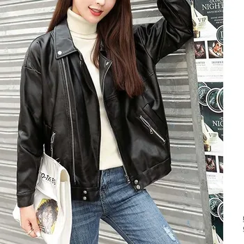 Korejska različica tanke študent bf veter svoboden motoristična oblačila usnje ženske kratke Harajuku usnjena jakna jakna 15691