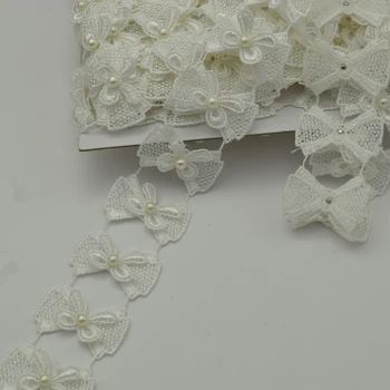 White Pearl Čipke Traku 3DBow Šivanje Trim Aplicirano Sew Na DIY Obliž 4 cm širina