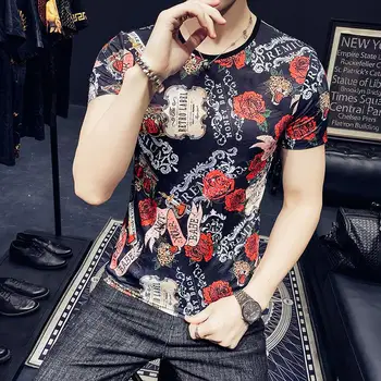 Moške poletne korejski slog Top Vrtnice Vzorec Natisnjeni T-Shirt z Poliester Spandex Materiala trendy mladih moških imenovanje oblačila