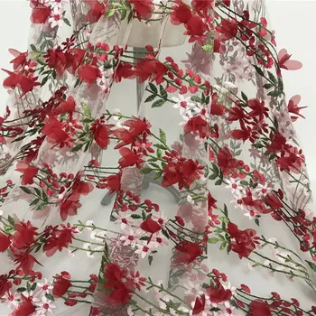 3D Rdeče Cvetlični Til Tkanine, Čipke Nigerijski Vezenje Til Tkanine Šivanje Obrti Pribor Venčni čipke tkanine Stranka obleko čipke