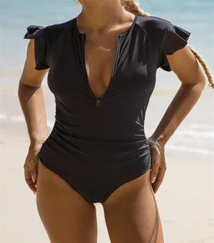 Vintage zadrgo enodelno obleko Seksi ruffle kopalke High cut kopalke ženske, Šport kopalke Elegantno monokini Trdna plaža obrabe