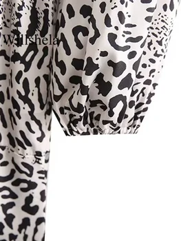Willshela Ženske Modni Leopard Natisnjeni Risanje Niza Spredaj Gumb Mini Obleka Letnik Dolgimi Rokavi, V-Izrez Ženska Elegantna Dama Obleke