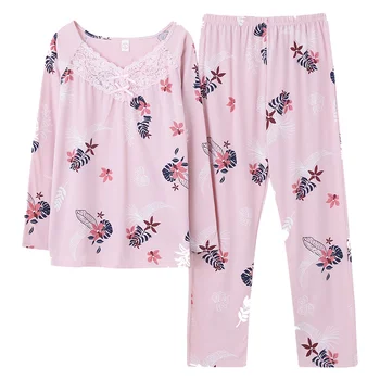 Pomlad Pletenega Bombaža Ženske Sleepwear Nastavite Cvetlični Pižame z Dolgimi Rokavi, Krog Vratu 3XL Ženski Salon Homewear