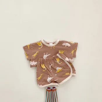 2022 Novo Srčkan Baby Dinozaver Tiskanja Obleke Komplet za Malčke Otroci Poletje Kratek Rokav 2pcs bo Ustrezala Fantje Obleke Dekleta Majica + Hlače