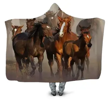 Hrabri Konj 3D Tiskanje Vrgel Hooded Odejo Nosljivi Toplo Runo Posteljnina Urad prešite Odeje Mehko Odraslih Potovanja 08