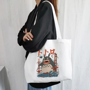 Anime Totoro Nakupovalna Torba Z Živili Elegantna Preprostost, Velike Zmogljivosti, Platno Vrečko Zložljive Ponovno Uporabo Torbico Shopping Bombaž Tote Vrečko