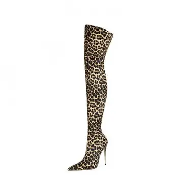 Velika Velikost Stiletto 12 cm Čez kolena in Škornji Seksi Leopard tiskanja Visoko peto Čevlje, Ženska Z Nazaj Zadrgo modni brvi Dolgo Čevlji