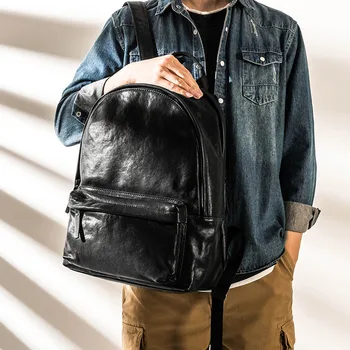 Preprosto priložnostne označbo naravna pravega usnja moške črno večnamenske nahrbtnik vsak dan na prostem, potovanja za delo urada laptop šolsko torbo