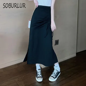 SOBURLUR Nabiranje A-line Maxi Krilo Estetske Elegantno korejskem Slogu Modi Nove Preppy Ženska Oblačila, Visoka vitka Krila Poletja