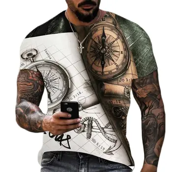 New Vroče Prodajo Trend Osebnost Moške Kompas 3D Tisk T-Shirt Poletje Križ Slog T-Shirt Kratek Rokav Moda Ulične