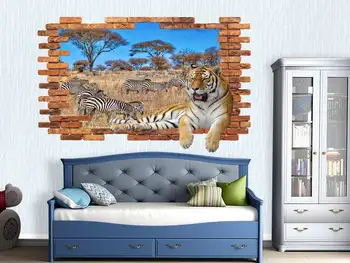 Afriške Živali, Safari vinilna za Vrtec / Luknjo v steni 3D nalepka / Tiger Stenski Dekor Odstranljiva / 3D Stenske Nalepke Poste