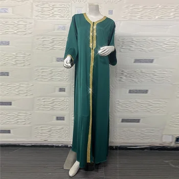 Saten Arabski Dolge Obleke, Jalabiya Ženske Zlati Trak Mozaik V Vratu Dolg Rokav Maxi Obleko Abaya Musliman, Turške Obleke Padec