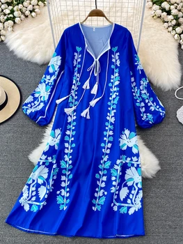 ženske pomlad obleko Nacionalni slog vezenje Nacionalni slog ukrašen svoboden Beach resort obleko Modne velike robom dolgo obleko D2712